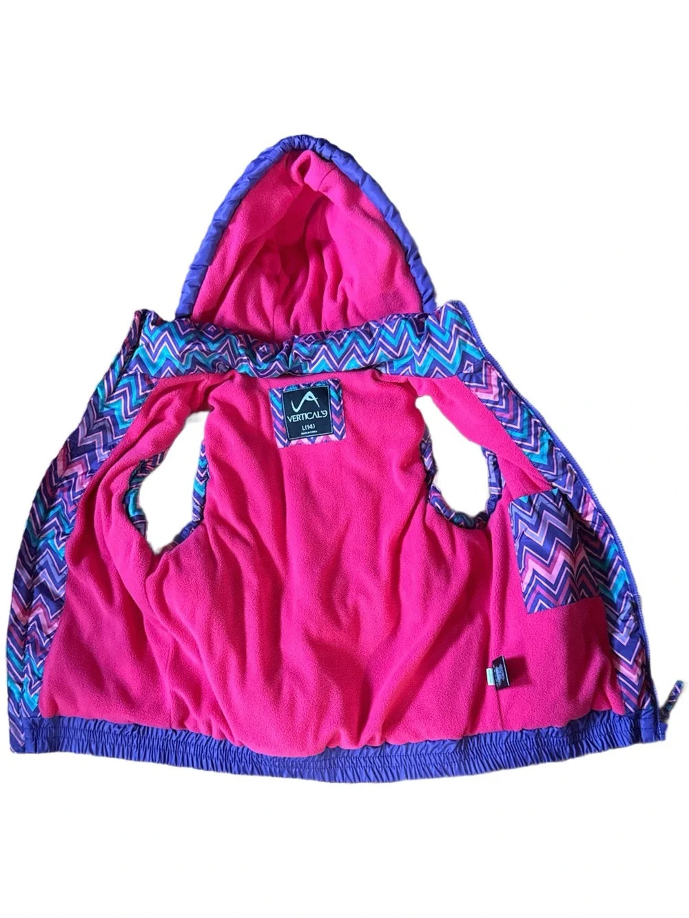 Vertical 9 Girls Chevron Puffer Vest Fleece Lined Pink, Purple, Teal Size L 14